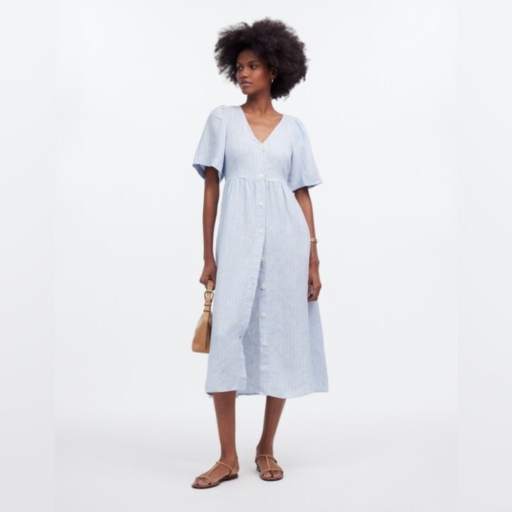 Madewell Cassie Button Front Linen Striped Midi Dress - Picture 2 of 7